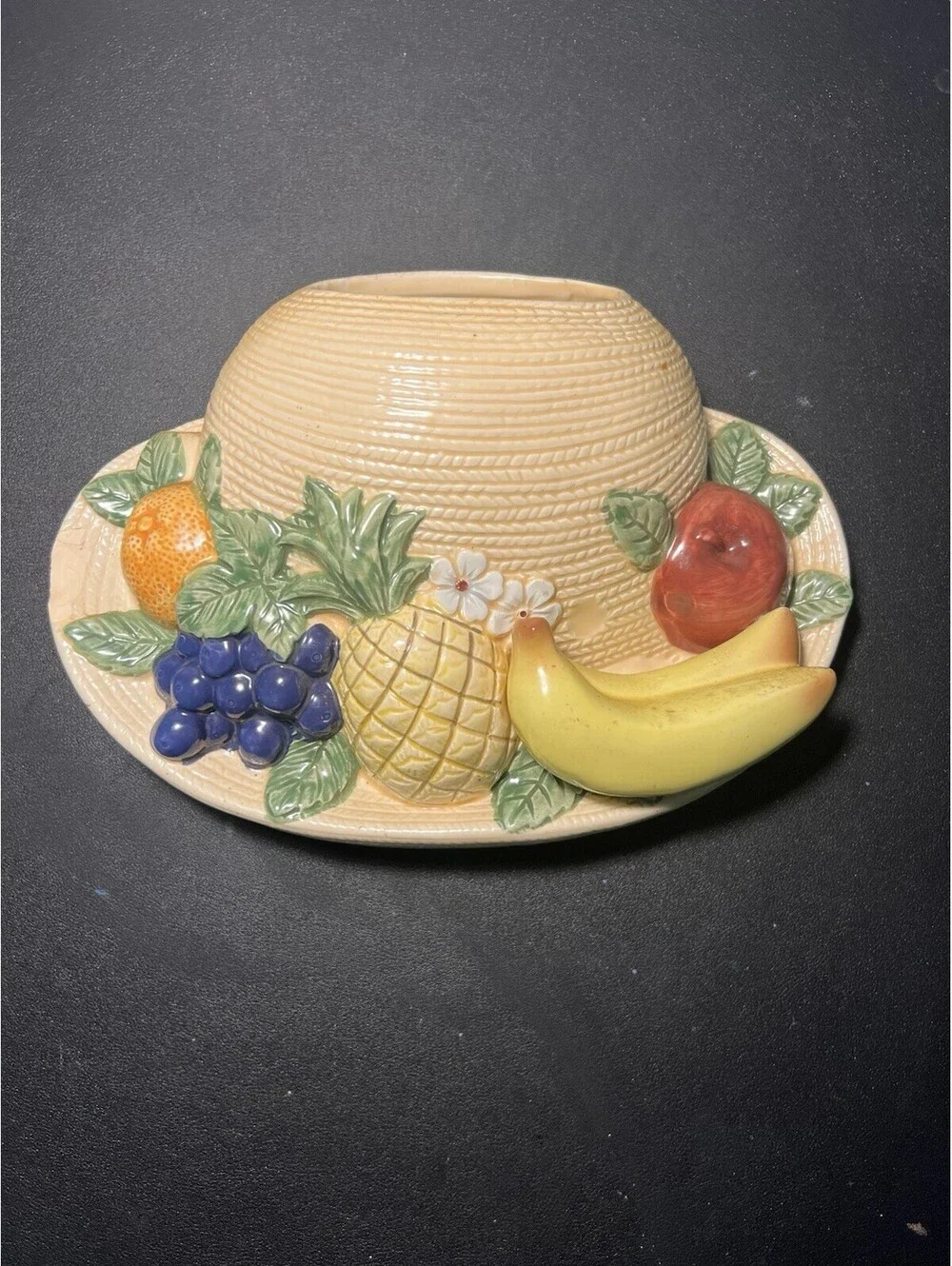 Empress by Haruta Japan 1960s Fruit Hat Wall Pocket Vase Ceramic, 10x7”